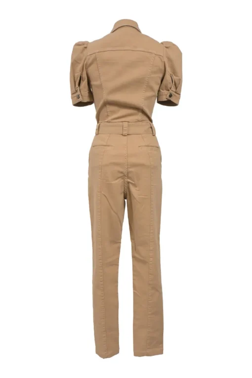 Khaki cotton-blend denim Tori spread collar puff sleeve half-button slip-on jumpsuit with self-tie fastening at waist