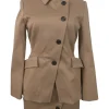 Khaki cotton-blend gabardine double breasted bar jacket and wrap-front skirt two-piece suit set