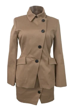 Khaki cotton-blend gabardine double breasted bar jacket and wrap-front skirt two-piece suit set
