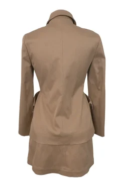 Khaki cotton-blend gabardine double breasted bar jacket and wrap-front skirt two-piece suit set