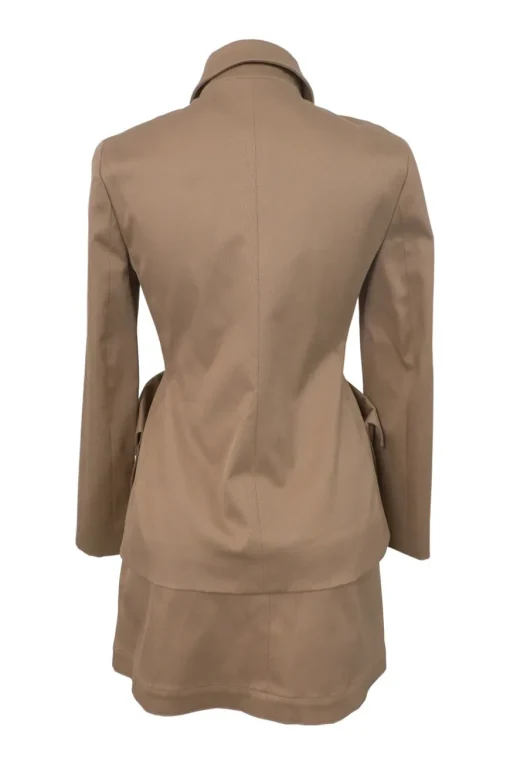 Khaki cotton-blend gabardine double breasted bar jacket and wrap-front skirt two-piece suit set
