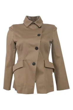 Khaki cotton-blend gabardine double breasted bar jacket and wrap-front skirt two-piece suit set