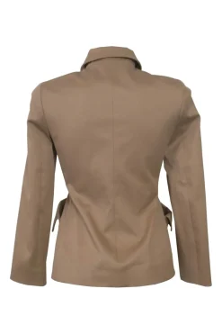 Khaki cotton-blend gabardine double breasted bar jacket and wrap-front skirt two-piece suit set