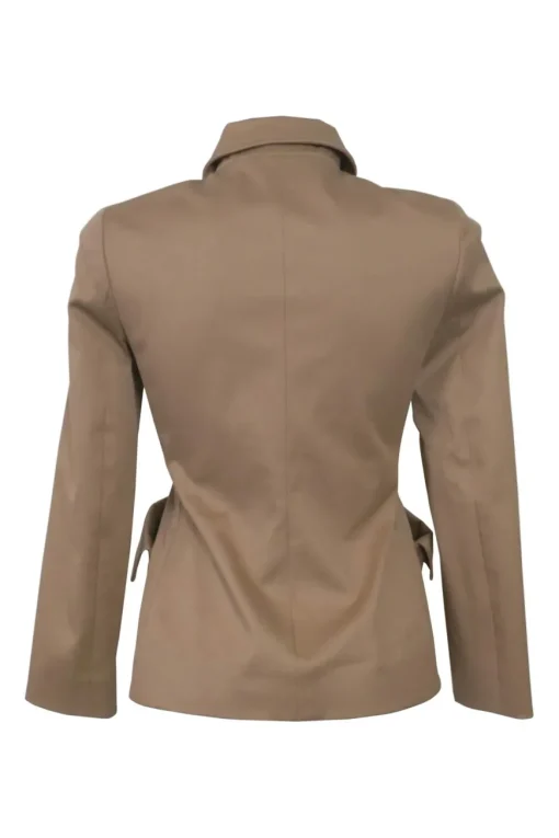 Khaki cotton-blend gabardine double breasted bar jacket and wrap-front skirt two-piece suit set