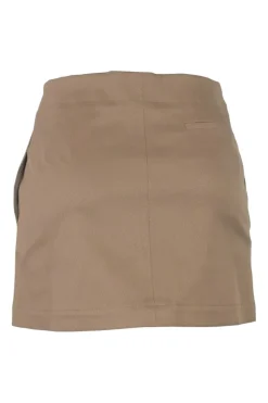 Khaki cotton-blend gabardine double breasted bar jacket and wrap-front skirt two-piece suit set