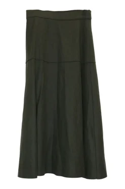 Khaki green wool-blend wrap-front tie-waist cargo-style A-line midi skirt