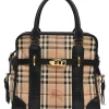 Khaki Haymarket check canvas and leather Minford portrait tote with detachable shoulder straps