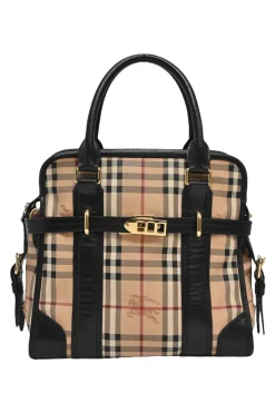 Khaki Haymarket check canvas and leather Minford portrait tote with detachable shoulder straps