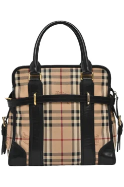 Khaki Haymarket check canvas and leather Minford portrait tote with detachable shoulder straps