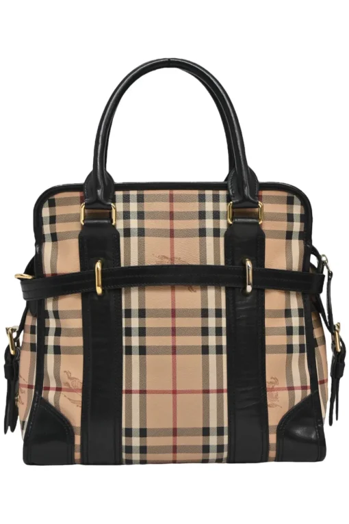 Khaki Haymarket check canvas and leather Minford portrait tote with detachable shoulder straps