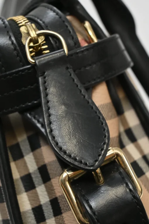 Khaki Haymarket check canvas and leather Minford portrait tote with detachable shoulder straps