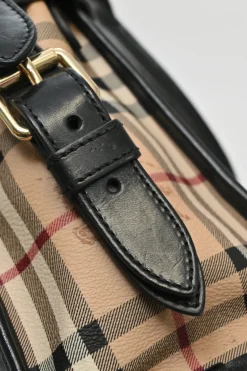 Khaki Haymarket check canvas and leather Minford portrait tote with detachable shoulder straps