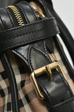 Khaki Haymarket check canvas and leather Minford portrait tote with detachable shoulder straps