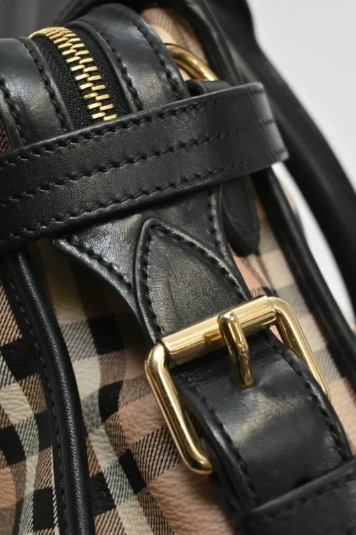 Khaki Haymarket check canvas and leather Minford portrait tote with detachable shoulder straps