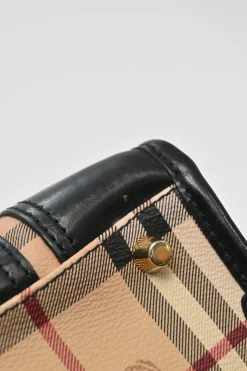 Khaki Haymarket check canvas and leather Minford portrait tote with detachable shoulder straps