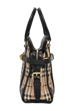 Khaki Haymarket check canvas and leather Minford portrait tote with detachable shoulder straps