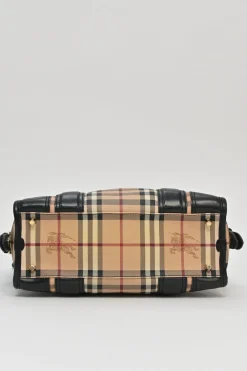 Khaki Haymarket check canvas and leather Minford portrait tote with detachable shoulder straps