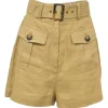 Khaki linen pull-on high-rise belted cargo wide-leg shorts