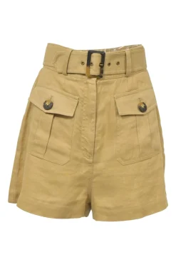 Khaki linen pull-on high-rise belted cargo wide-leg shorts