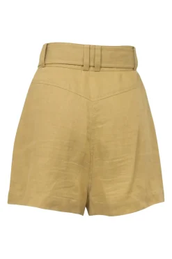 Khaki linen pull-on high-rise belted cargo wide-leg shorts