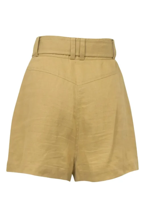 Khaki linen pull-on high-rise belted cargo wide-leg shorts