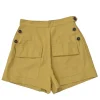 Khaki linen-blend pull-on high-rise sailor shorts with extended tab fastening