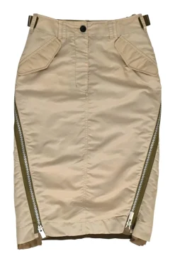 Khaki nylon-blend pull-on knee-length convertible pencil cargo skirt with zip trim appliqué