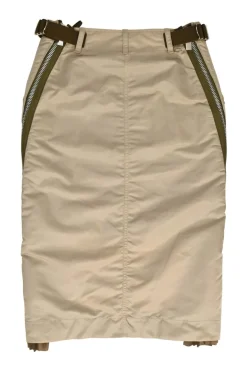 Khaki nylon-blend pull-on knee-length convertible pencil cargo skirt with zip trim appliqué