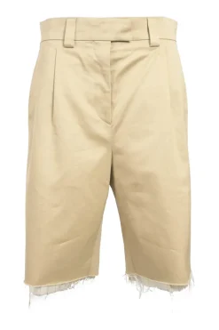 Khaki raw-edge cotton gabardine pull-on low-rise pleat-front chino bermudas