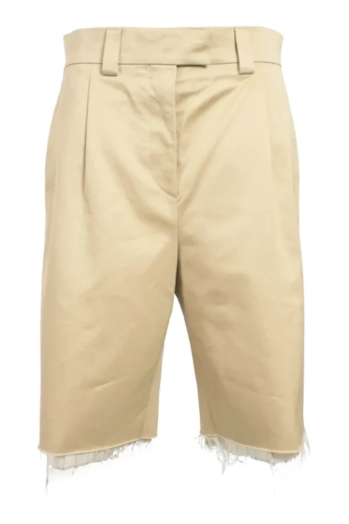 Khaki raw-edge cotton gabardine pull-on low-rise pleat-front chino bermudas