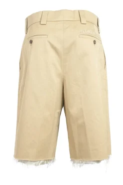 Khaki raw-edge cotton gabardine pull-on low-rise pleat-front chino bermudas