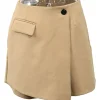 Khaki reworked polyester gabardine wrap-front tailored apron-style mini skort