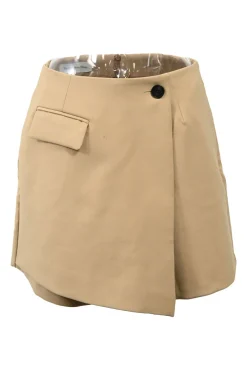 Khaki reworked polyester gabardine wrap-front tailored apron-style mini skort