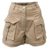 Khaki stretch-cotton high-rise cargo shorts with patch pockets and gold-tone metal button detailing
