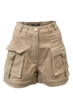 Khaki stretch-cotton high-rise cargo shorts with patch pockets and gold-tone metal button detailing