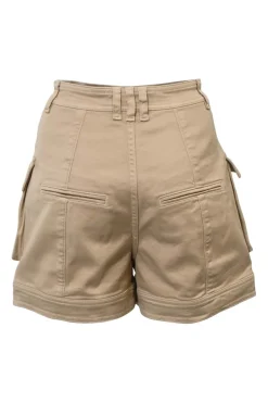 Khaki stretch-cotton high-rise cargo shorts with patch pockets and gold-tone metal button detailing