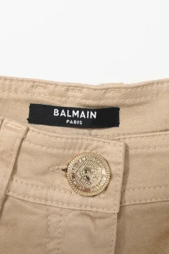 Khaki stretch-cotton high-rise cargo shorts with patch pockets and gold-tone metal button detailing