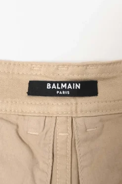 Khaki stretch-cotton high-rise cargo shorts with patch pockets and gold-tone metal button detailing
