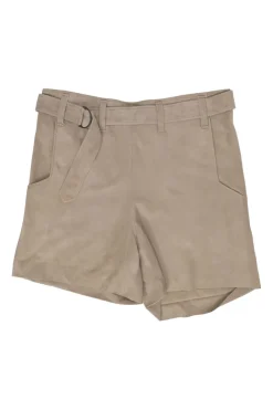 Khaki suede pull-on belted shorts