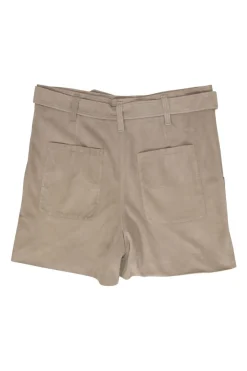 Khaki suede pull-on belted shorts