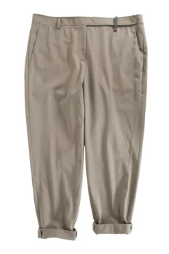 Khaki wool-blend belted knit trousers with contrasting metallic beaded belt-loop