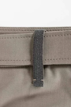 Khaki wool-blend belted knit trousers with contrasting metallic beaded belt-loop