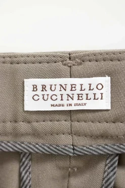 Khaki wool-blend belted knit trousers with contrasting metallic beaded belt-loop
