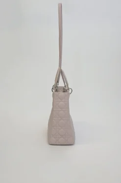 Large blush pink Cannage-quilted leather Lady Dior with detachable shoulder strap