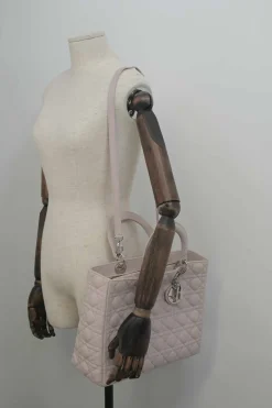 Large blush pink Cannage-quilted leather Lady Dior with detachable shoulder strap