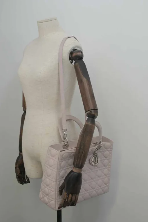 Large blush pink Cannage-quilted leather Lady Dior with detachable shoulder strap