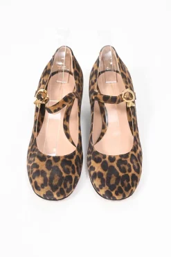 Leopard-print suede leather Mary Ribbon 45 round-toe Mary Jane pumps
