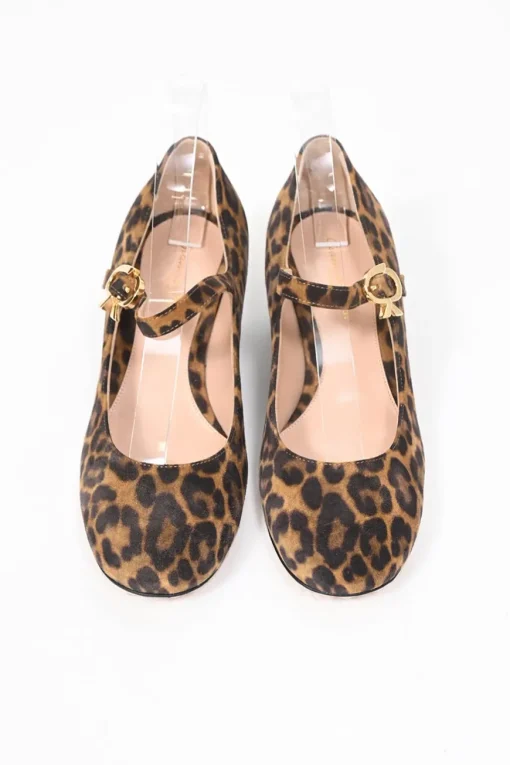 Leopard-print suede leather Mary Ribbon 45 round-toe Mary Jane pumps