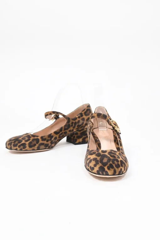 Leopard-print suede leather Mary Ribbon 45 round-toe Mary Jane pumps