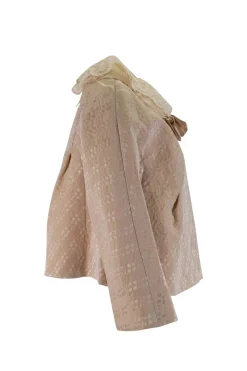 Light beige cloque cropped jacket with lace collar and satin ribbon bow